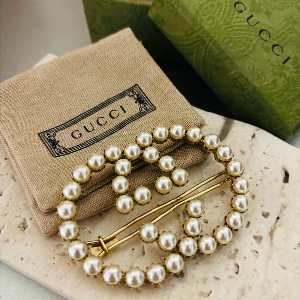 Gucci Gold and Pearl Logo Brooch